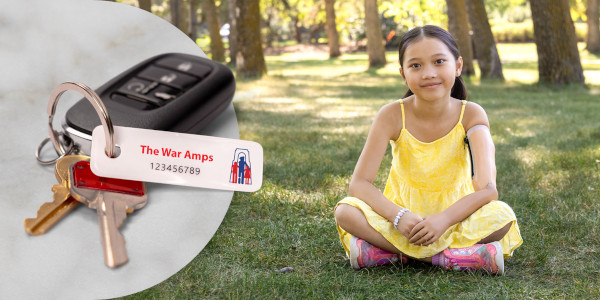 Split image featuring a set of keys with a War Amps key tag attached and a young female arm amputee wearing an artificial limb, seated cross-legged on the grass in a park.